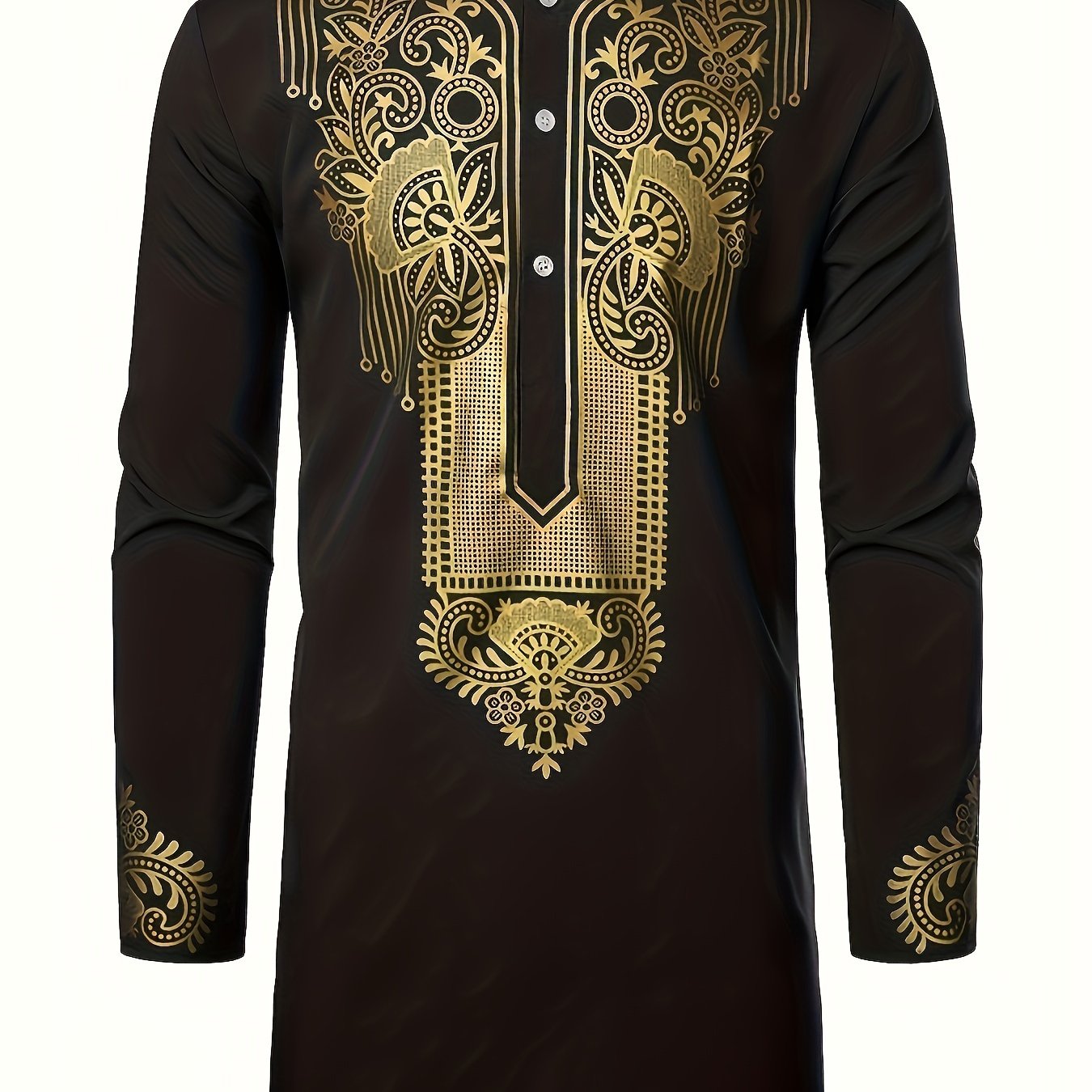 Men's Dashiki Shirt African Clothes Metallic Golden Print Long Sleeve