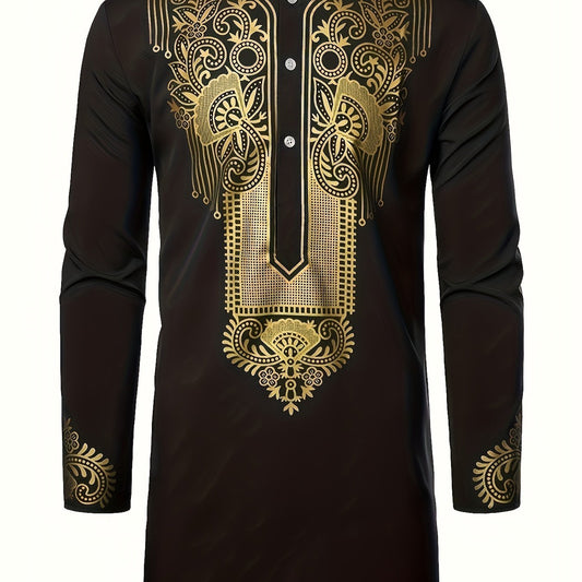 Men's Dashiki Shirt African Clothes Metallic Golden Print Long Sleeve