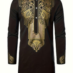 Men's Dashiki Shirt African Clothes Metallic Golden Print Long Sleeve