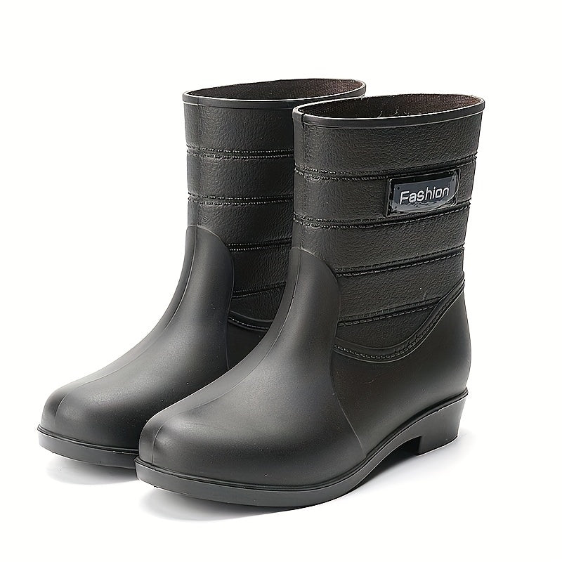 Mid Calf Waterproof Rain Boots PVC Flat Round Toe Thermal Rain Shoes