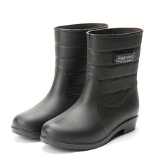 Mid Calf Waterproof Rain Boots PVC Flat Round Toe Thermal Rain Shoes