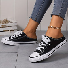 Women's Classic Mule Canvas Sneakers Casual Lace Up Low Top Slip On Shoes