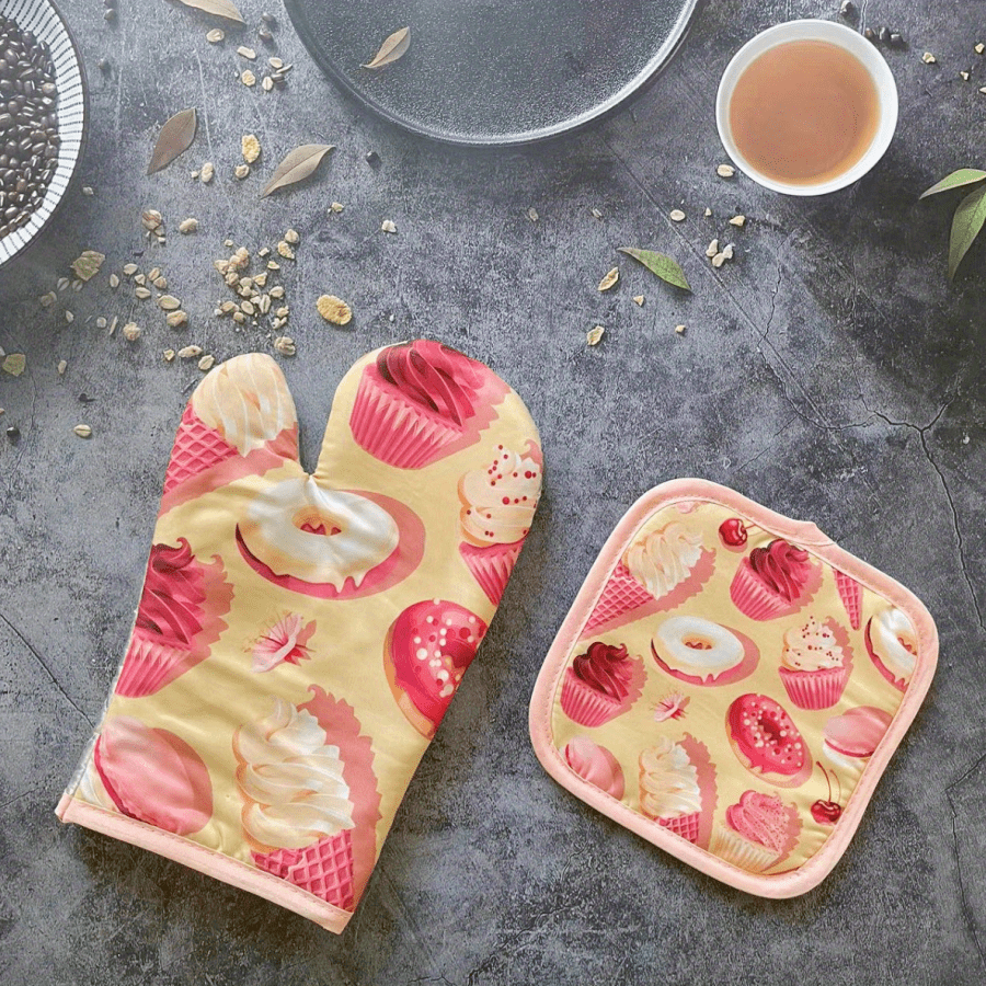 2pcs Doughnuts Printed Oven Mitts And Pot Holder Heat Resistant Gloves