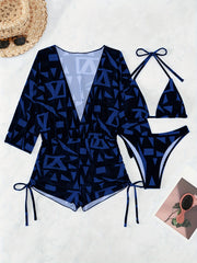 Geometric Print Bikini Sets Halter V-Neck High Cut Drawstring Cover Up Swimsuit