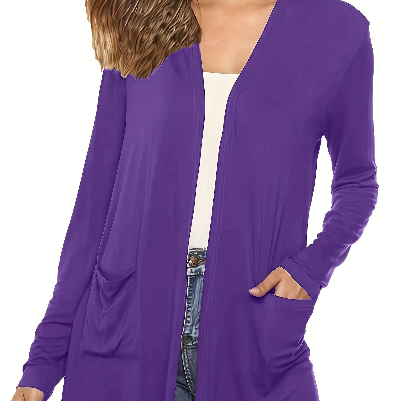 Solid Long Sleeve Open Front Cardigan With Pockets
