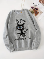 Cat And Letter Graphic Long Sleeve Casual Sweatshirts Women's Sporty Sweatshirts
