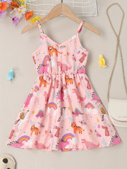 Girls Cartoon Animal Print Sundress V-Neck Party Dress