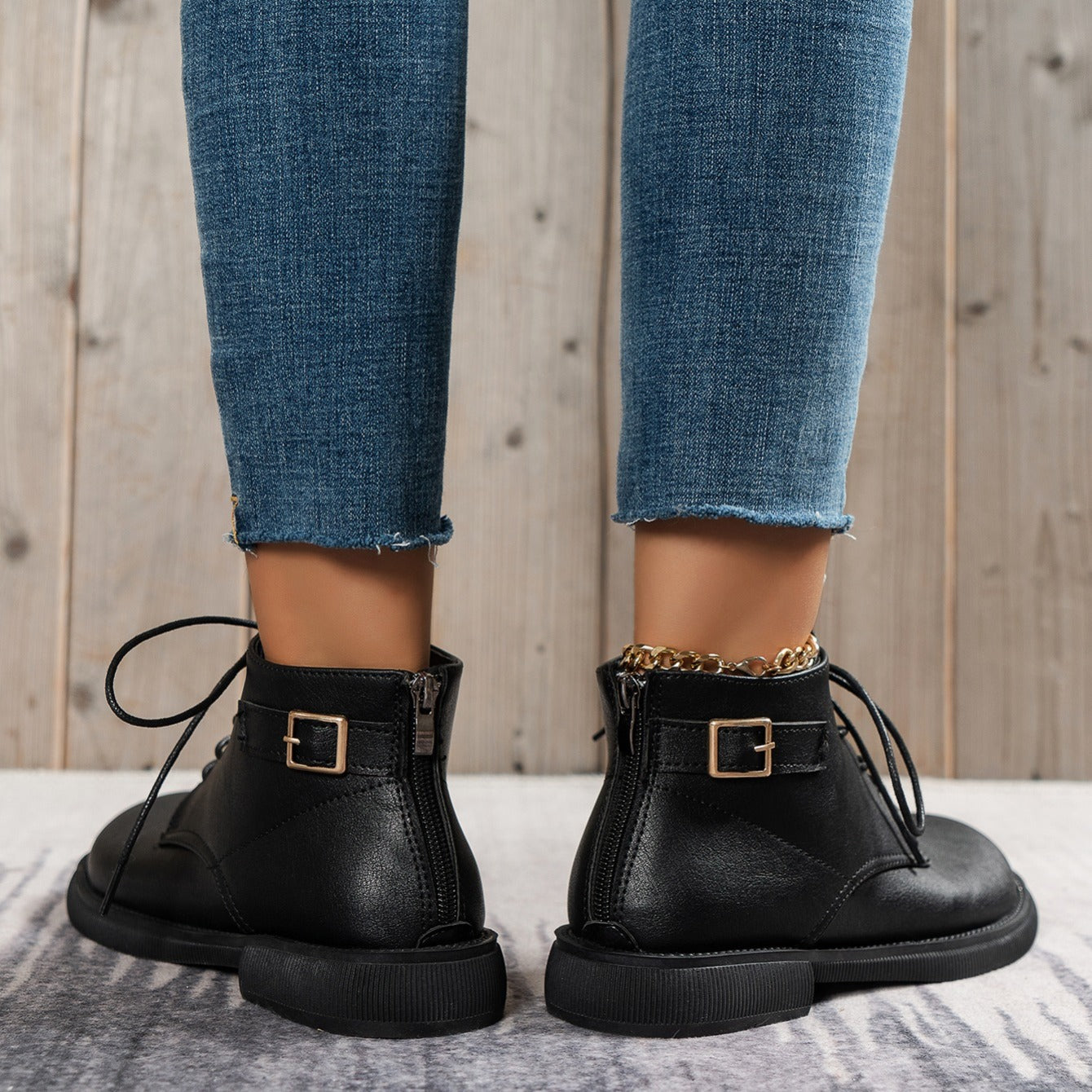 Women's Lace-Up Ankle Boots Solid Faux Leather
