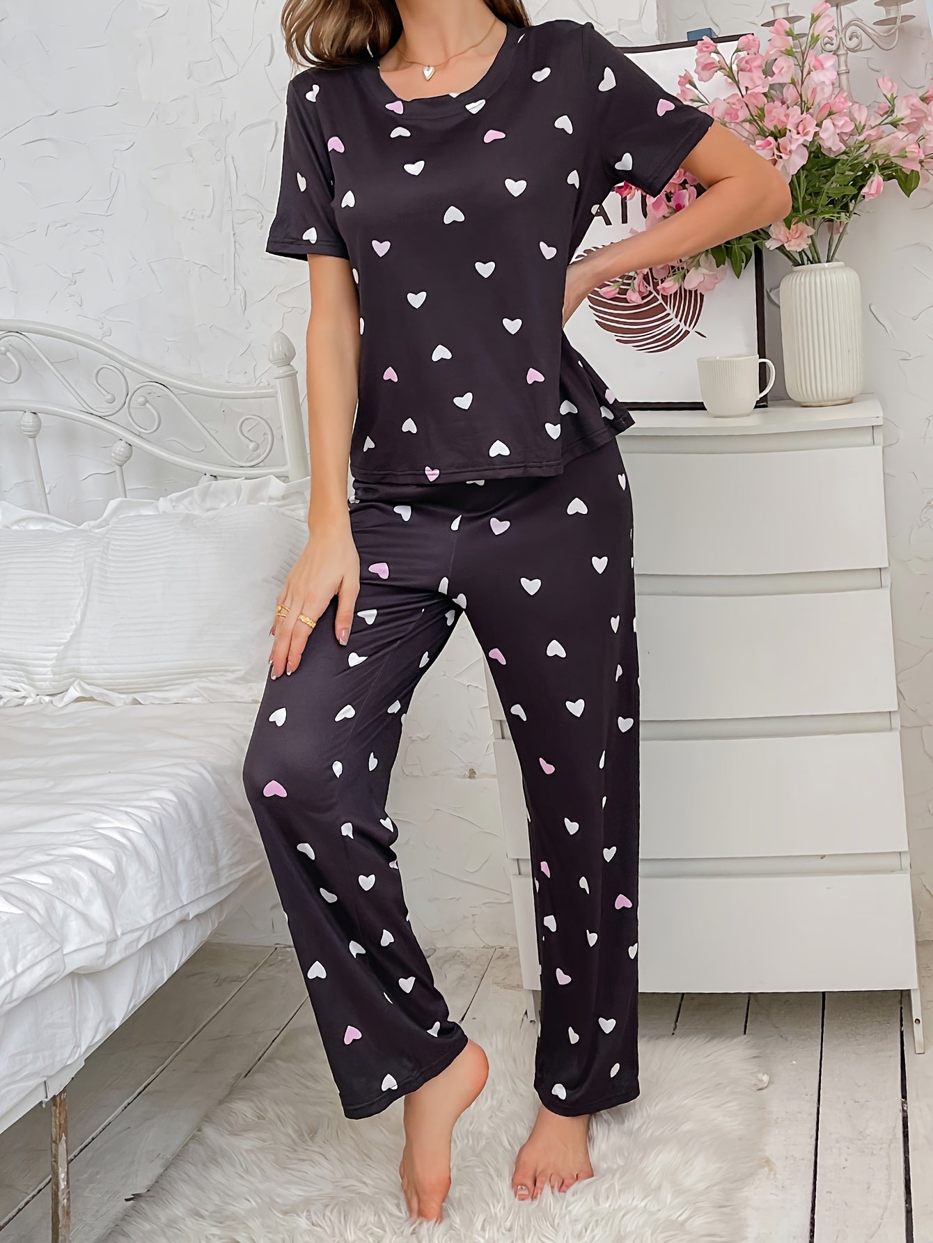Heart Print Pajama Set Short Sleeve Top & Pants Women's Sleepwear