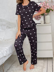 Heart Print Pajama Set Short Sleeve Top & Pants Women's Sleepwear