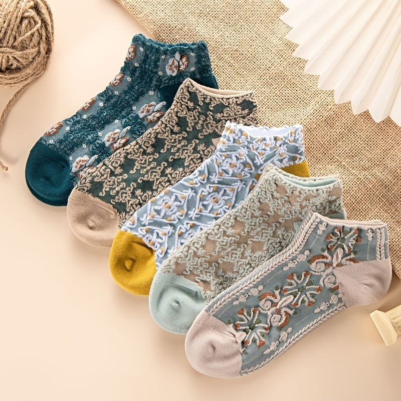 5 Pairs Vintage Floral Embroidery Ankle Socks Women's Short Socks