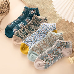 5 Pairs Vintage Floral Embroidery Ankle Socks Women's Short Socks