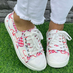 Pink Plaid Love Heart Pattern Flat Shoes Women's Casual Shoes