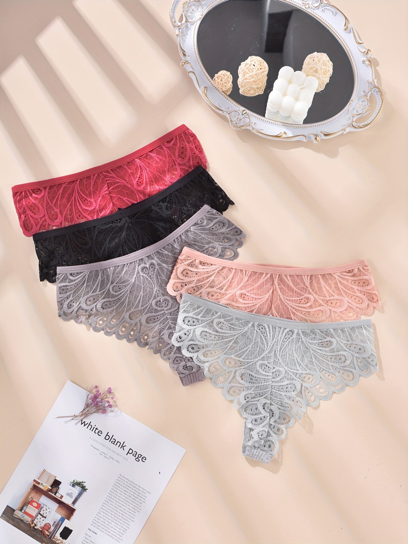 5 Pack Plus Size Panties Set Floral Jacquard Lace Ribbed Panties