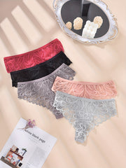 5 Pack Plus Size Panties Set Floral Jacquard Lace Ribbed Panties