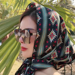 Boho Geometric Print Hijab Lace Up Head Scarf Head Wraps Soft Long Ribbon Turban
