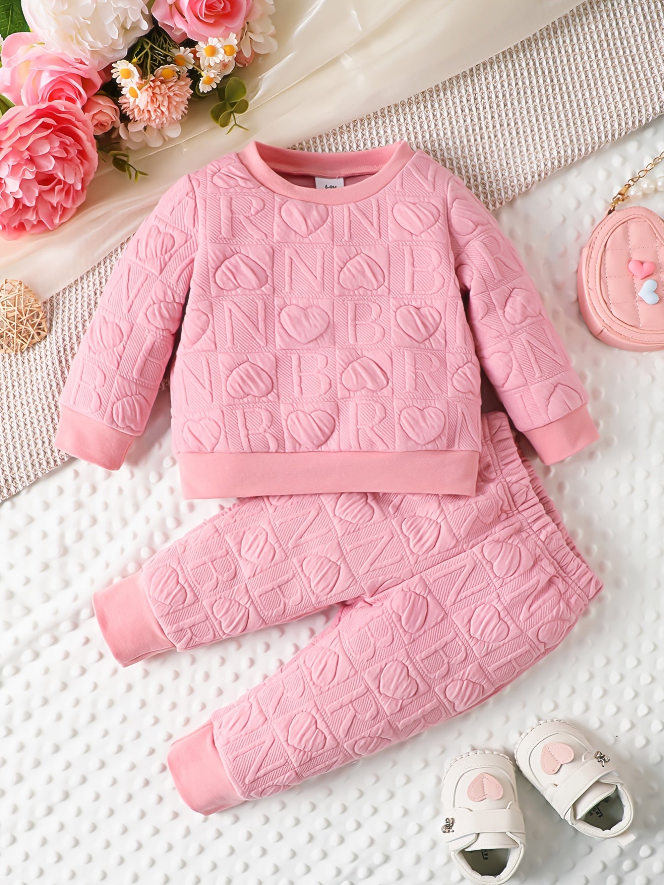 2pcs Baby Girls Heart Print Sweatshirt Sweatpants Set