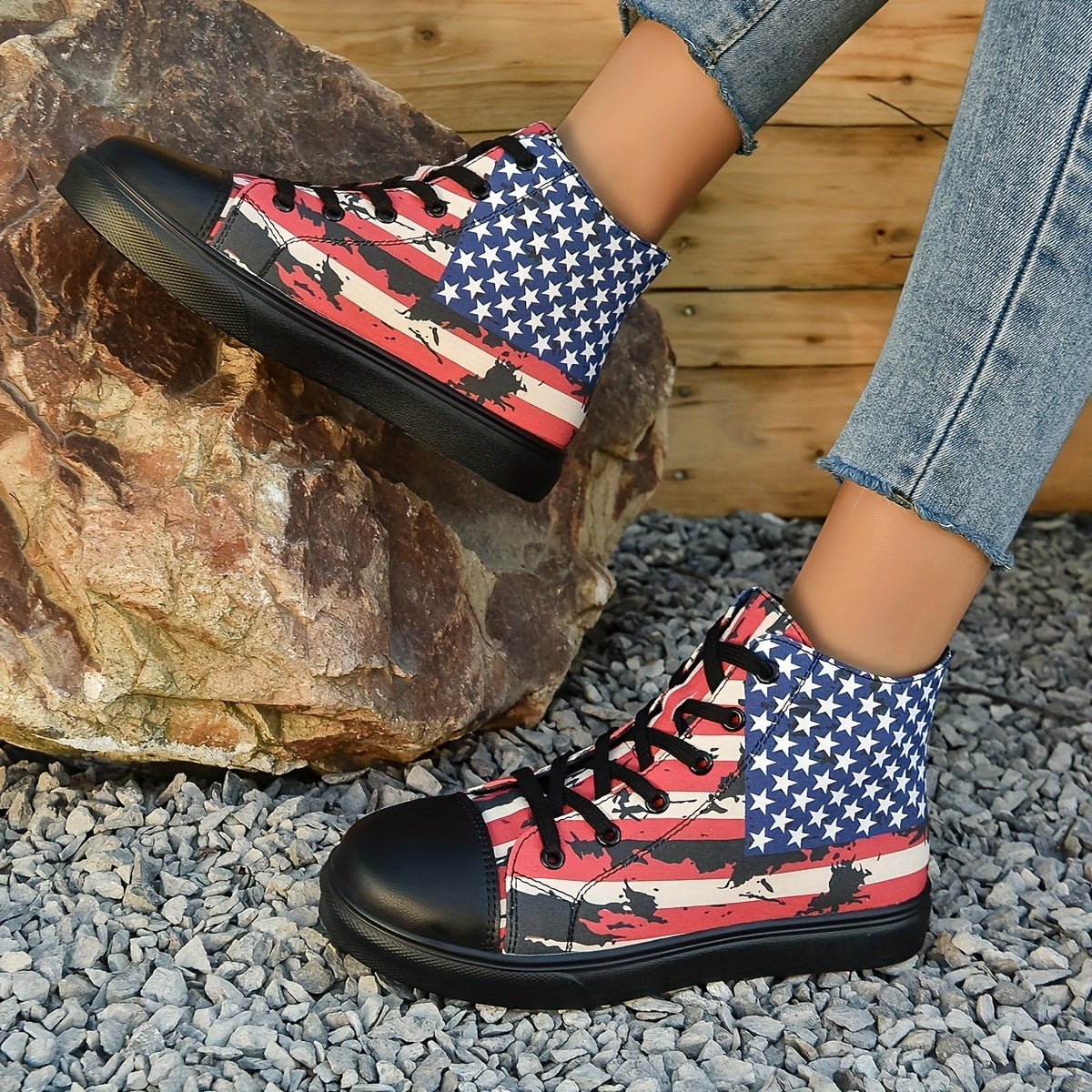 Women's Classic High Top Canvas Shoes Casual Star & Striped Pattern Sneakers