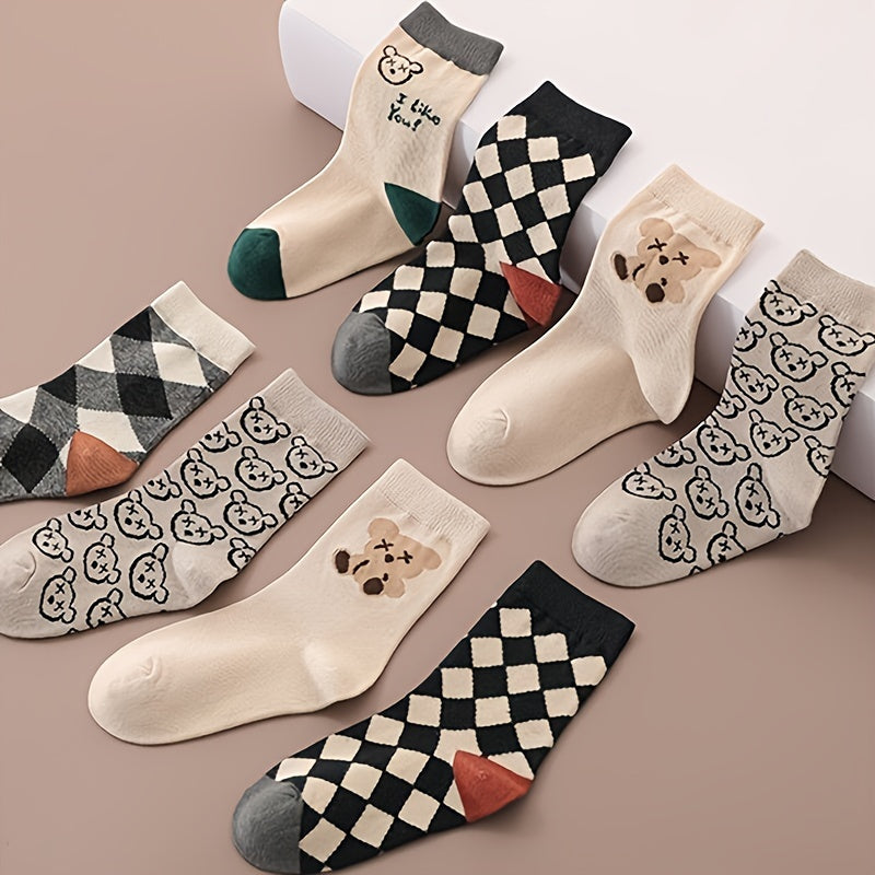 5 pairs Boys Kids Bear Pattern Socks Plaid Breathable Comfy Children Socks