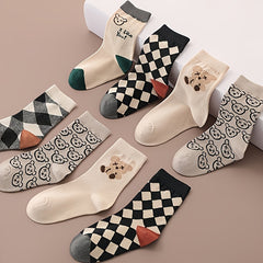 5 pairs Boys Kids Bear Pattern Socks Plaid Breathable Comfy Children Socks