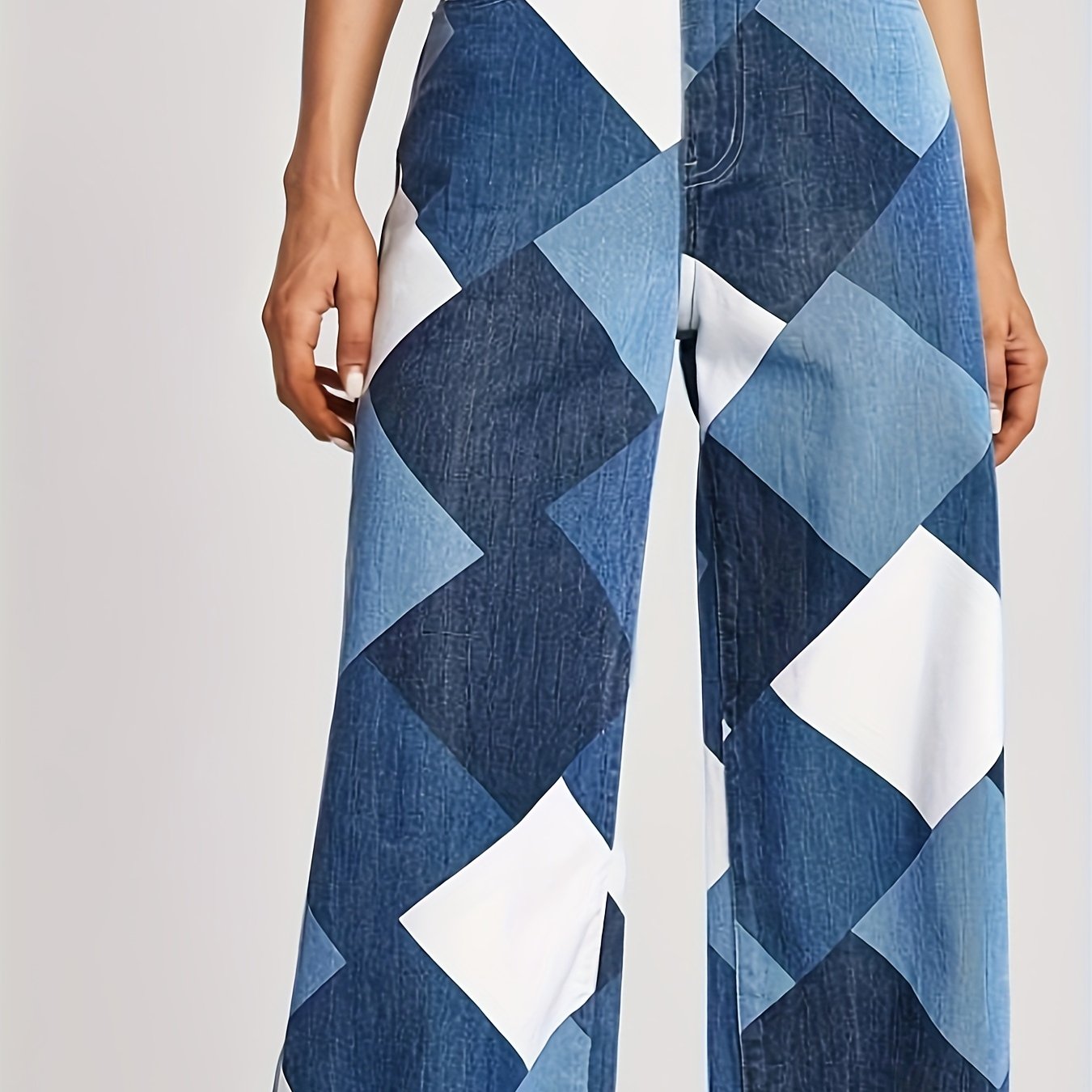 Colorblock Geometric Pattern Straight Jeans Women's Denim Pants