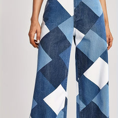 Colorblock Geometric Pattern Straight Jeans Women's Denim Pants