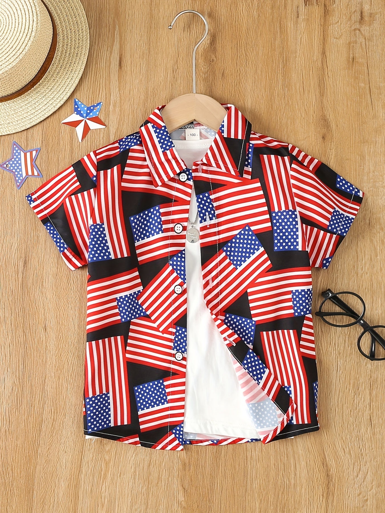 American Flags Print Short Sleeves Shirt for Kids