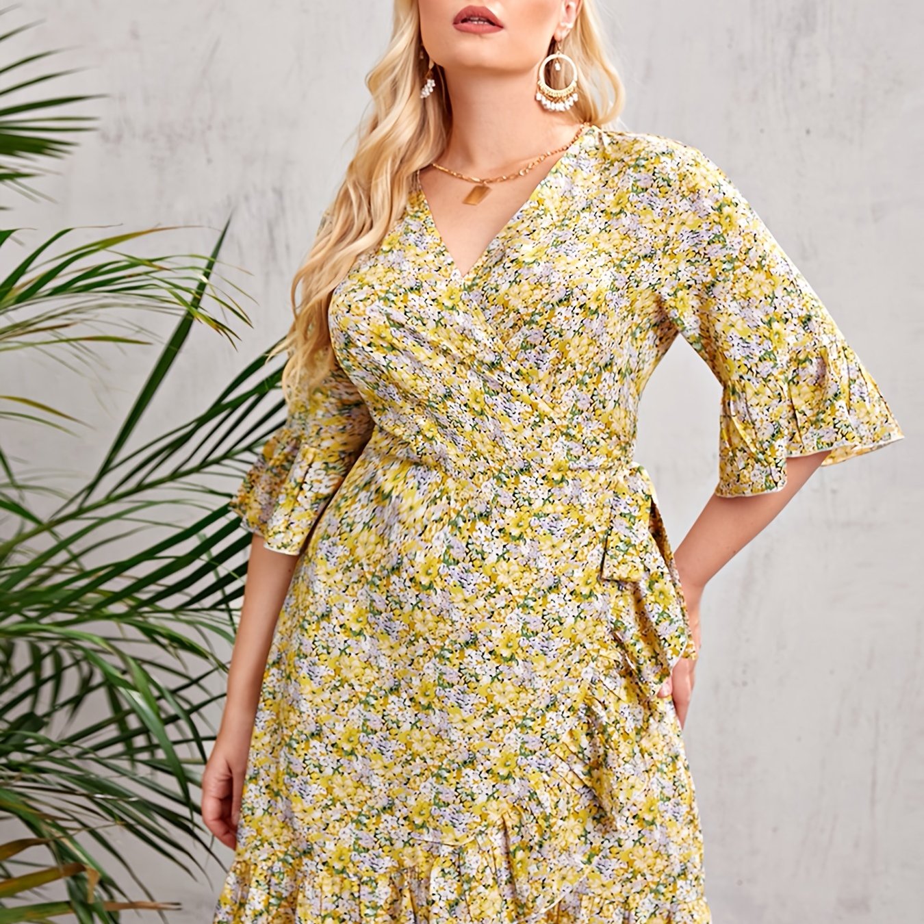 Floral Print V Neck Belted Wrap Midi Dress