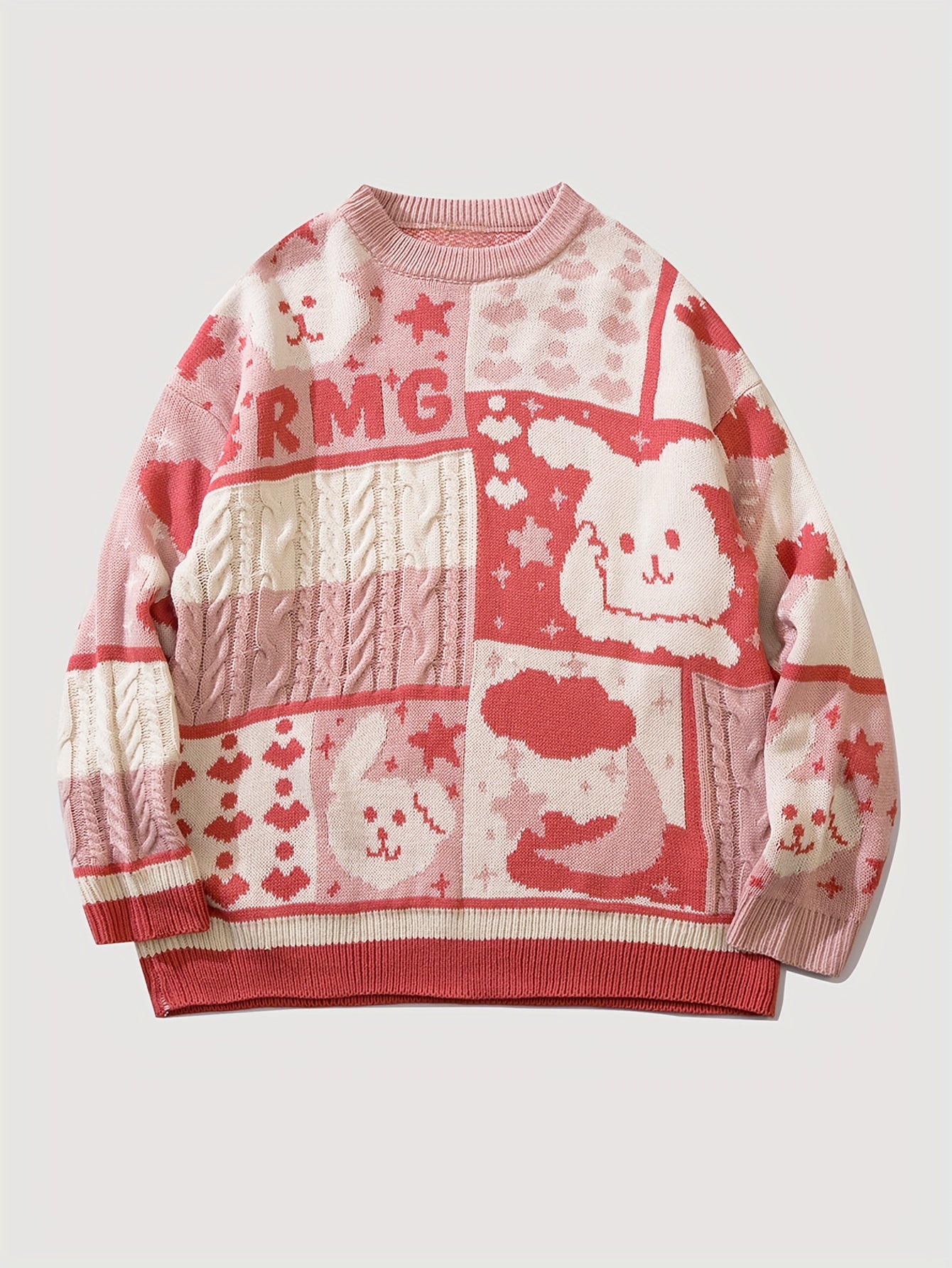 Cartoon Rabbit Pattern Knitted Sweater Men's Casual Warm Pullover