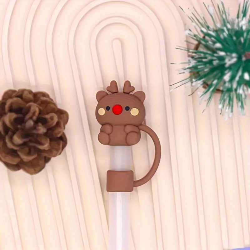 5pcs Christmas Cartoon Straw Covers, Reusable Dustproof Stoppers