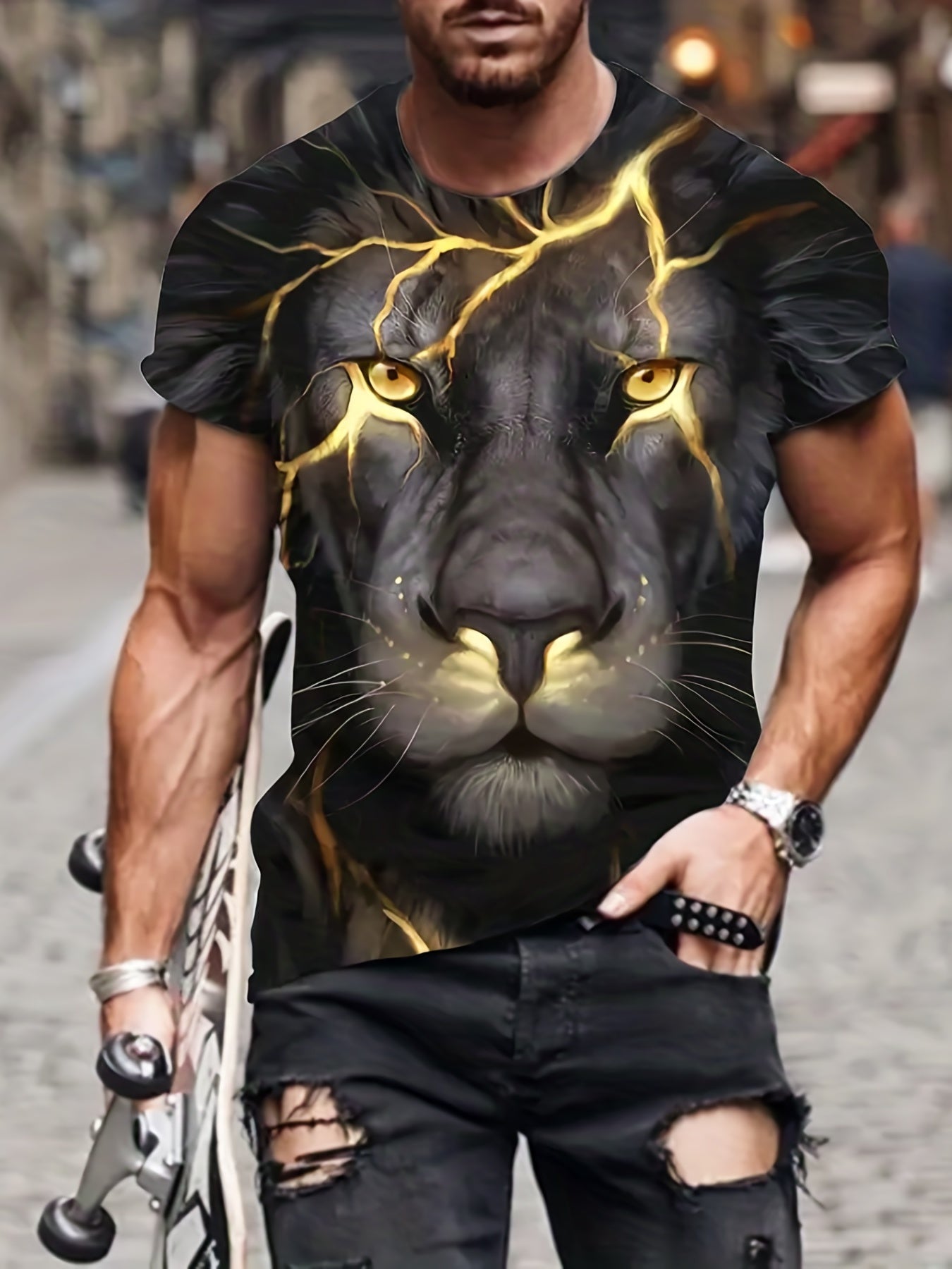 Men's Lion 3D Print T Shirt Exaggerated Casual Tee