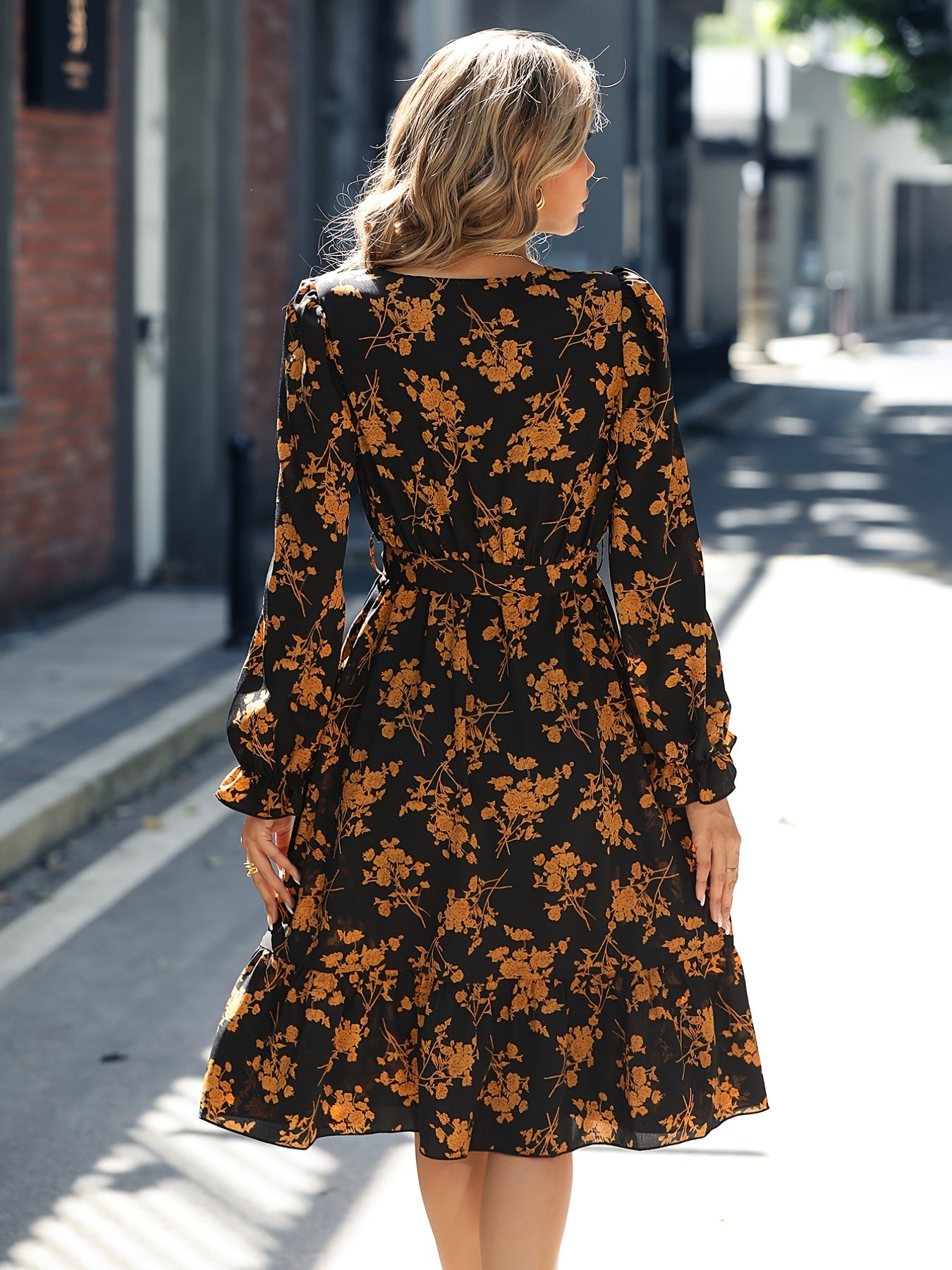 Retro V Neck Ruffle Dress Print Long Sleeve Loose Summer Dresses
