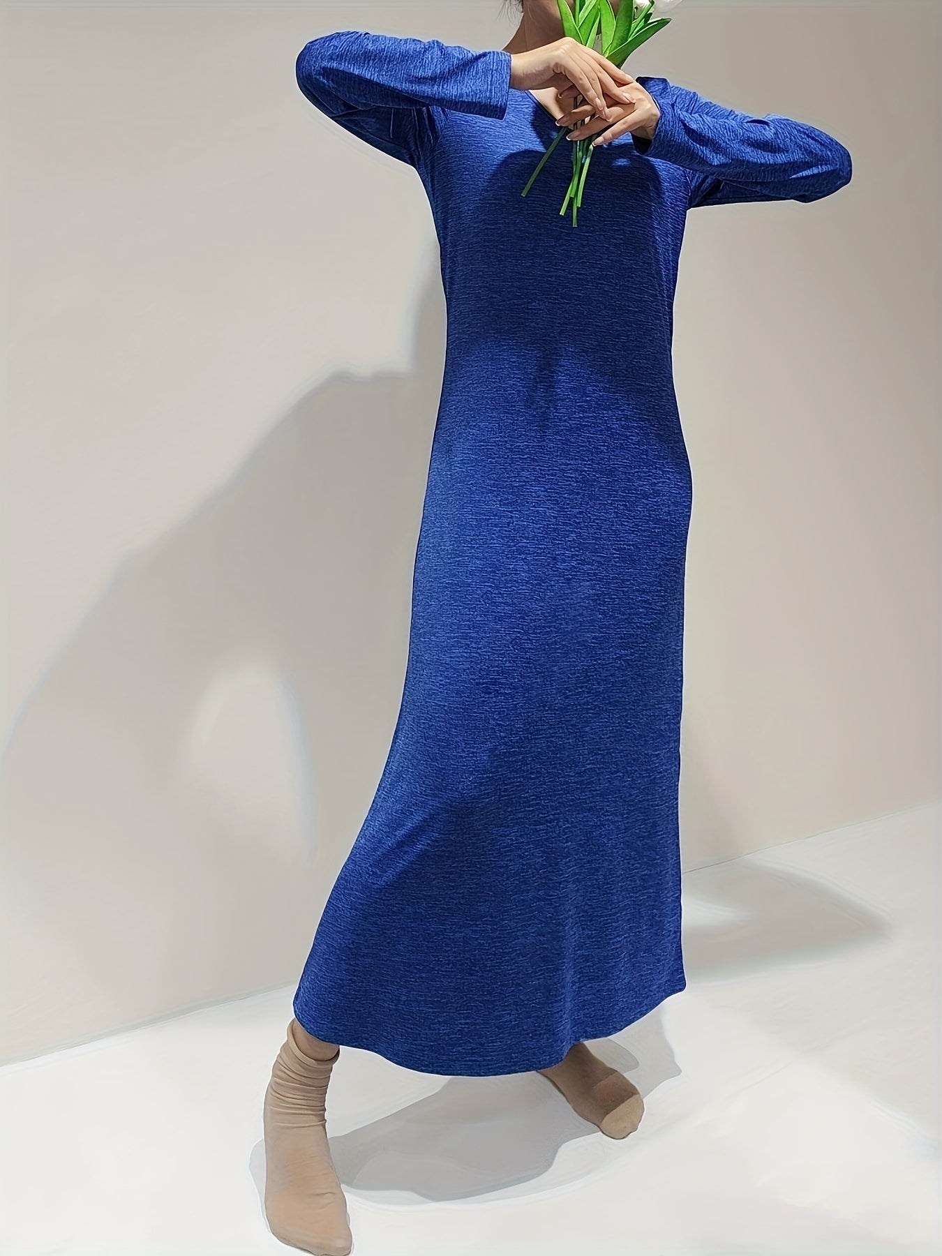 Solid V Neck Long Sleeve Lounge Dress Women's Loungewear