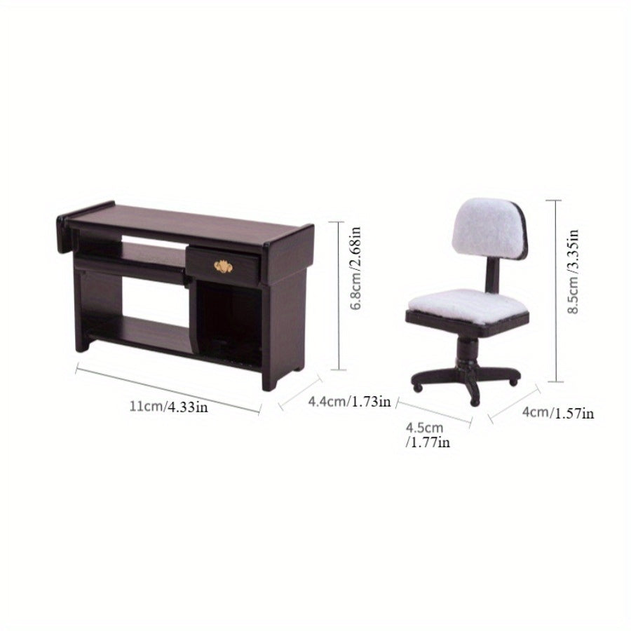 1:12 Dollhouse Computer Desk and Chair Set - Durable Accessories for Play