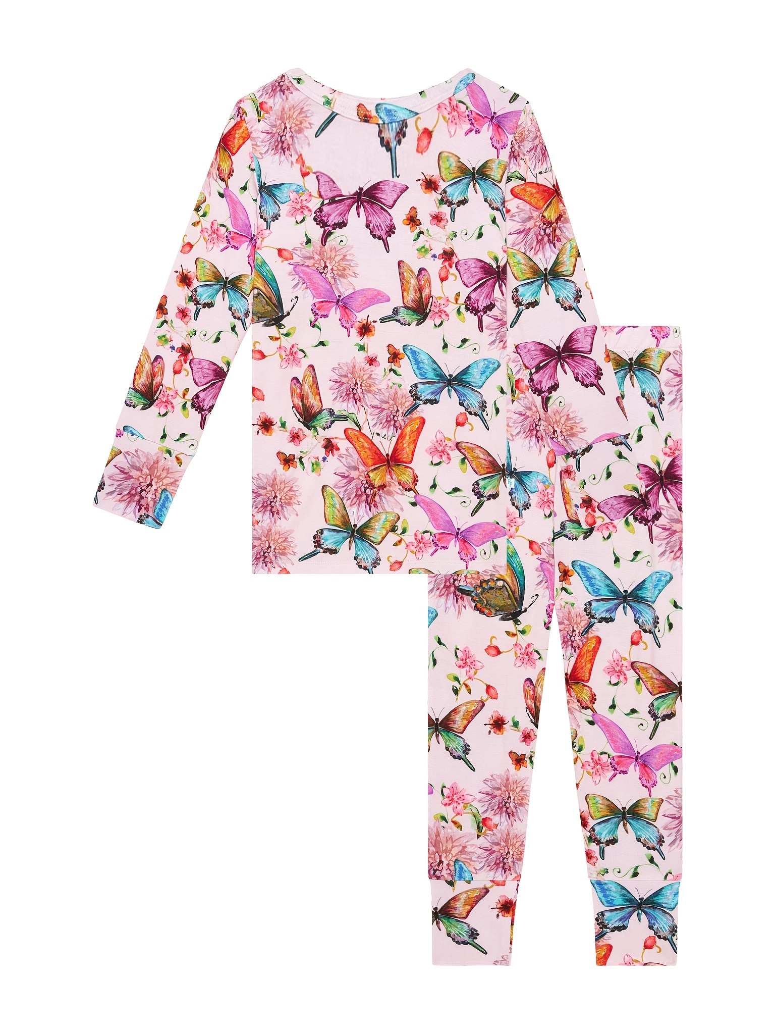 Girl's Butterfly Allover Print Pajama Set, Long Sleeve Top & Pants