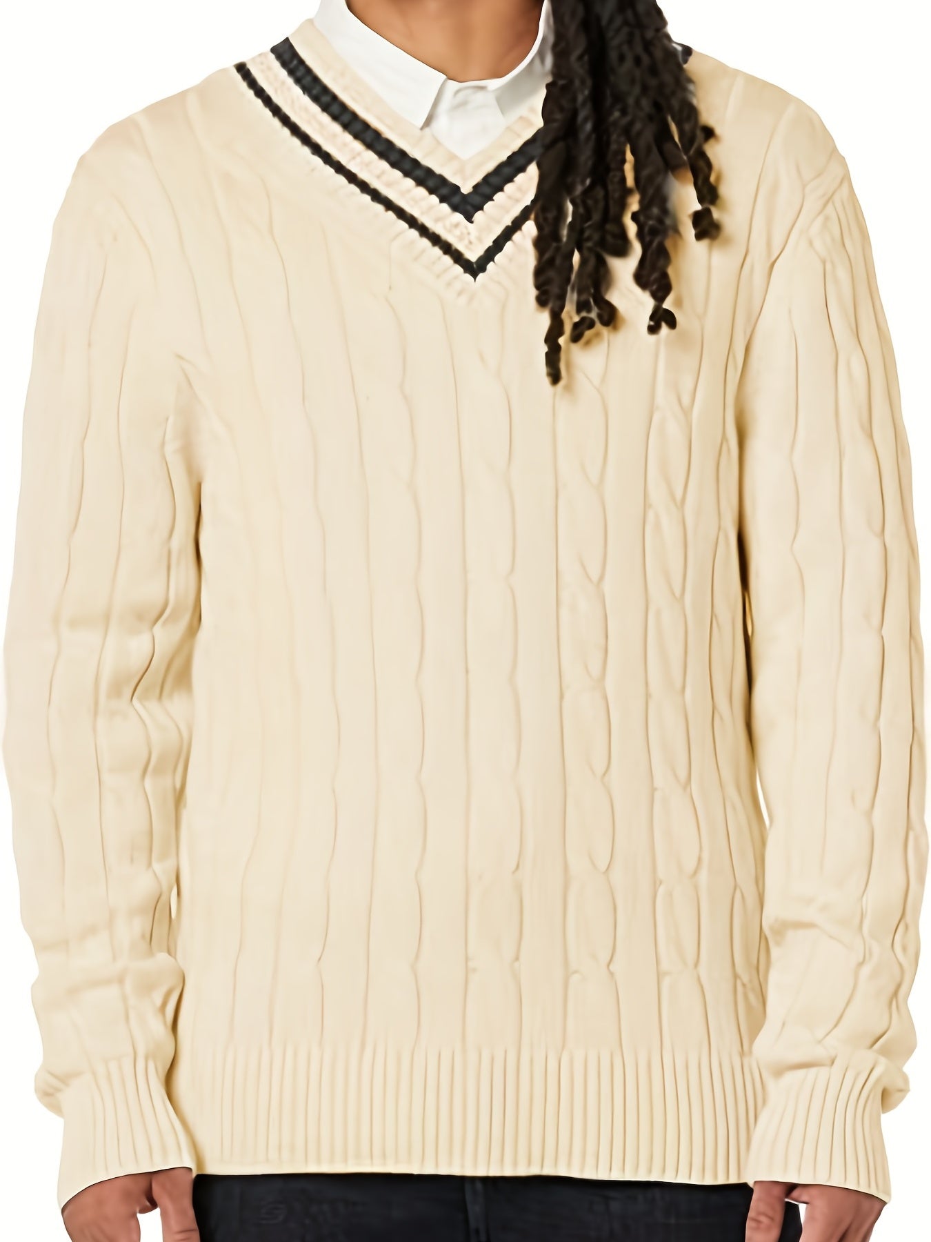 Preppy Knitted Cable Sweater Men's Casual Warm V Neck Retro Pullover