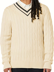 Preppy Knitted Cable Sweater Men's Casual Warm V Neck Retro Pullover