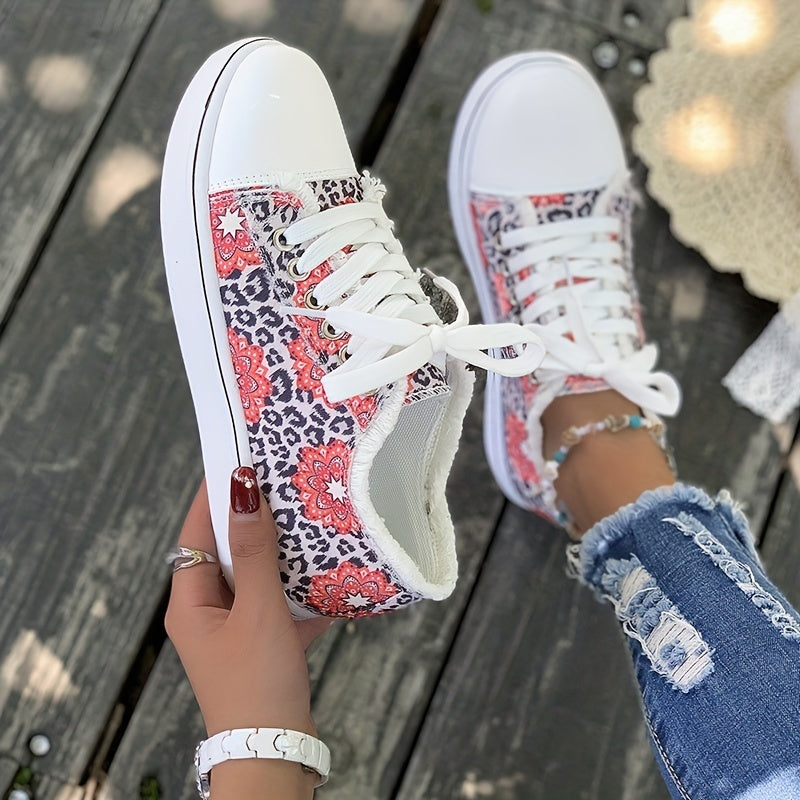 Women's Flower & Leopard Print Canvas Shoes Low Top Sneakers