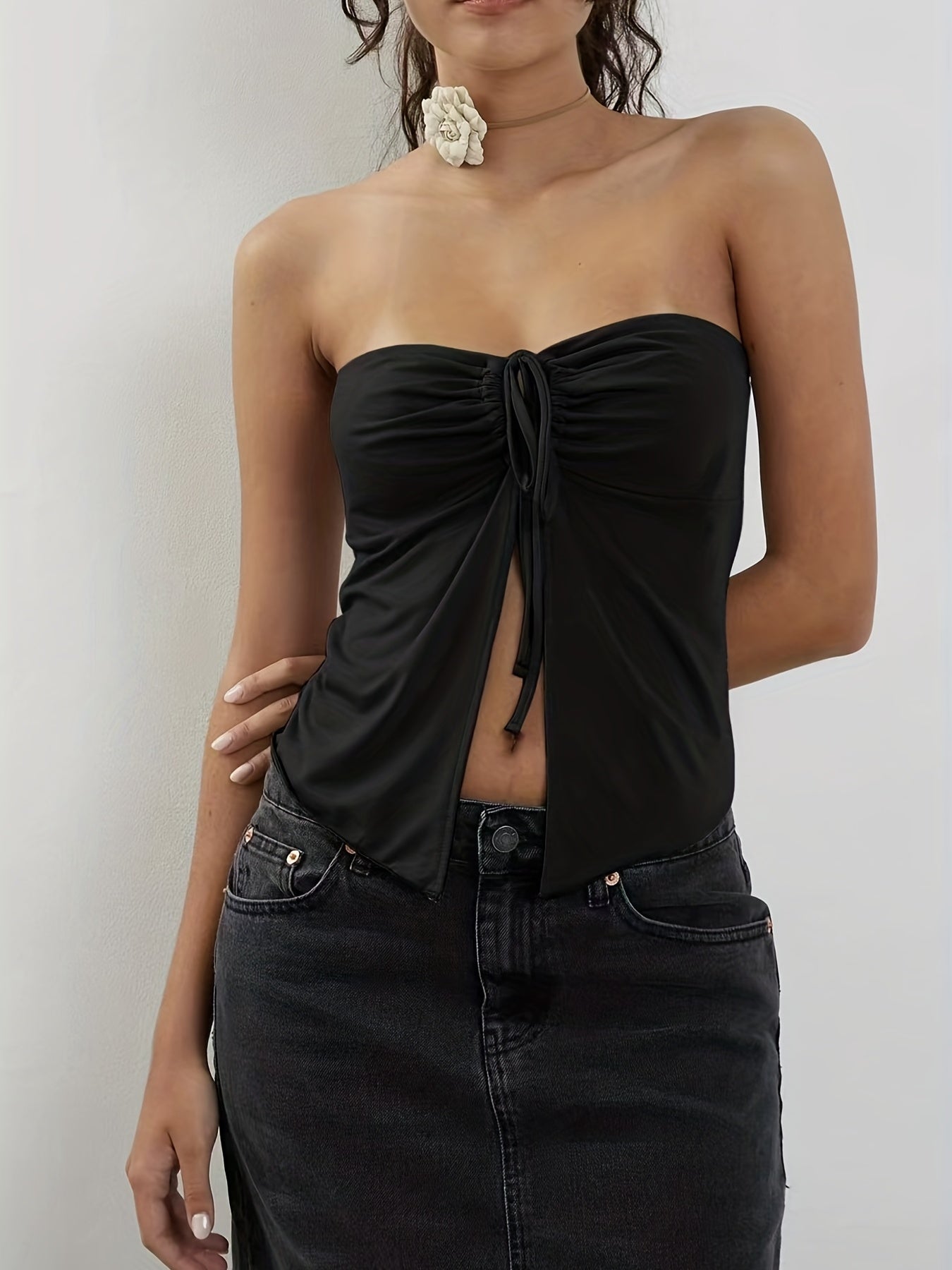 Y2K Split Crop Tube Top Ruched Drawstring
