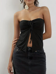 Y2K Split Crop Tube Top Ruched Drawstring