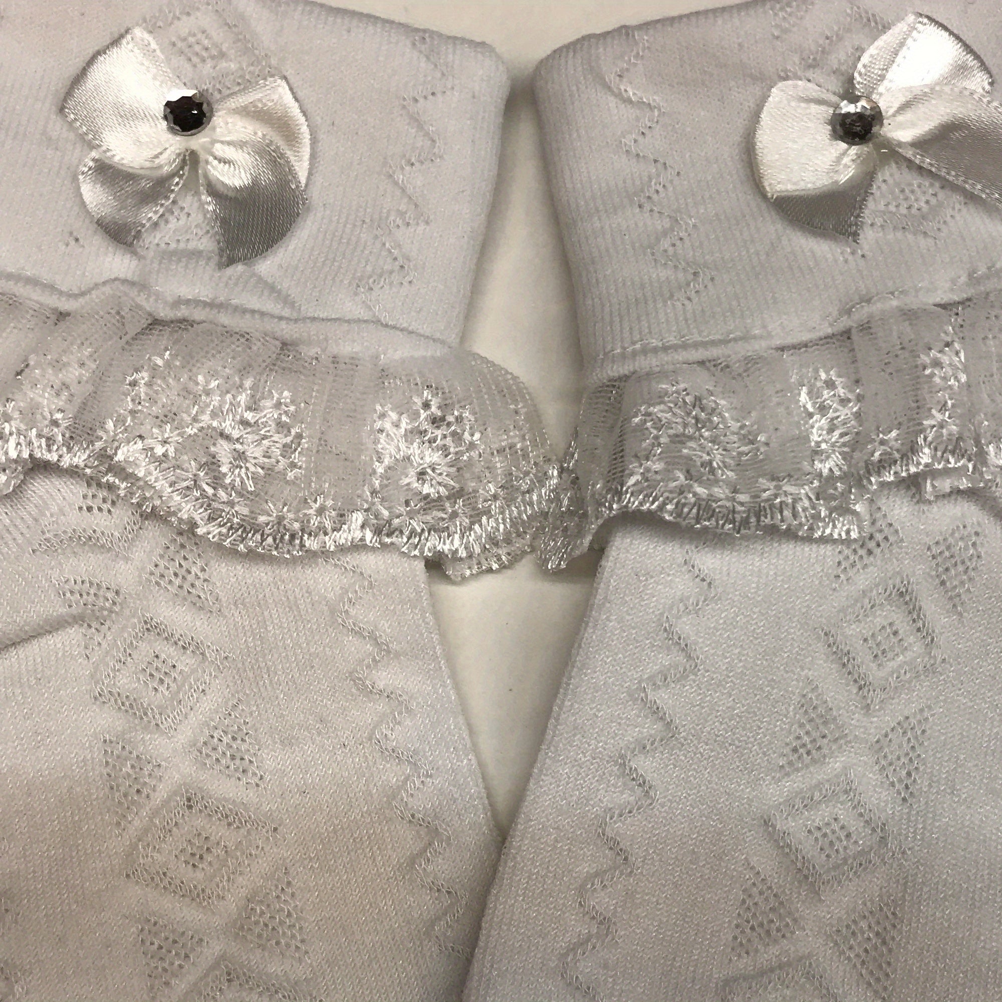 Girls Lace Brim Socks w/ Rhinestone Bow, Soft Elastic Princess Crew Socks