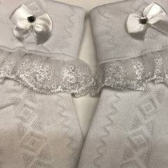 Girls Lace Brim Socks w/ Rhinestone Bow, Soft Elastic Princess Crew Socks