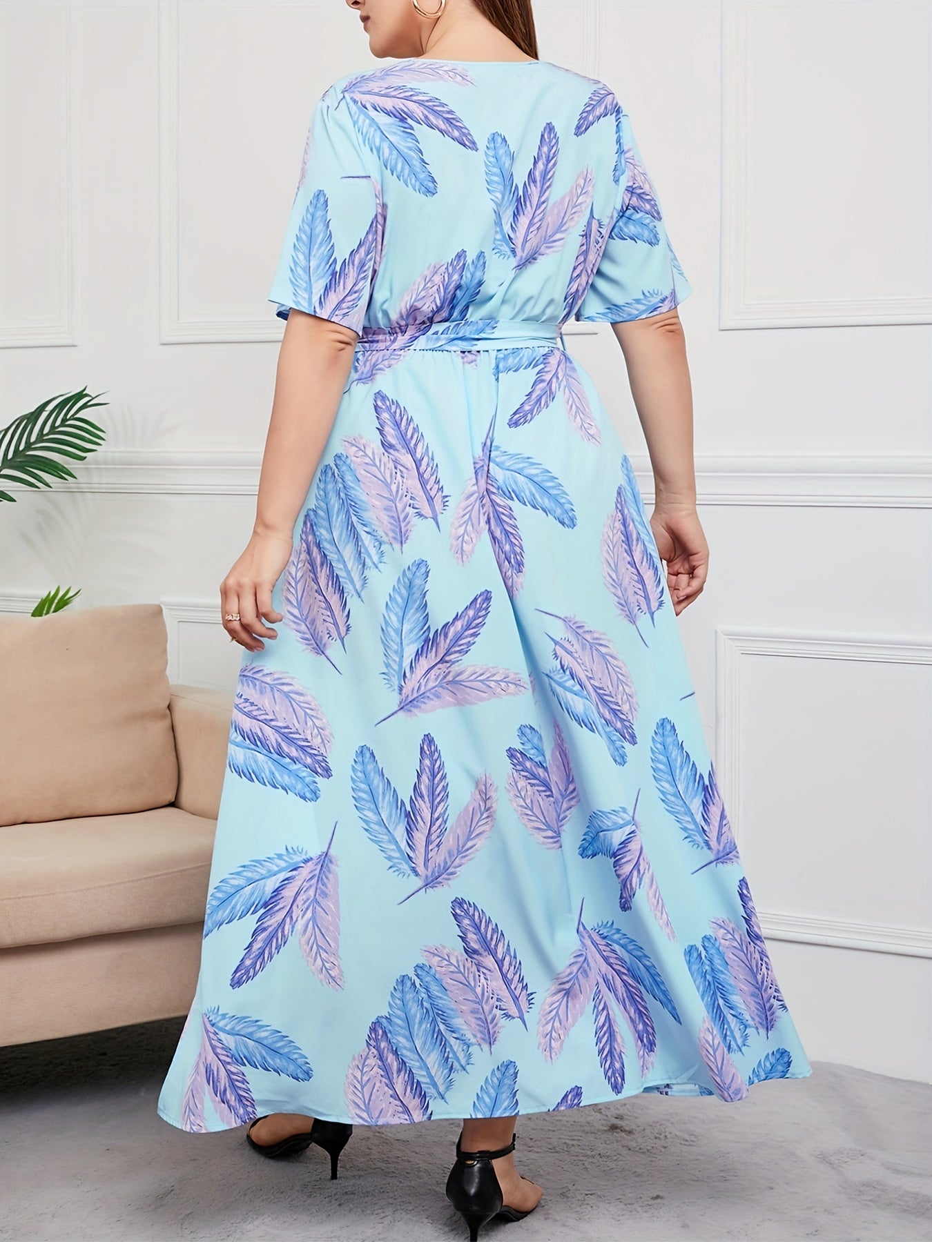 Feather Print Maxi Dress With Pockets