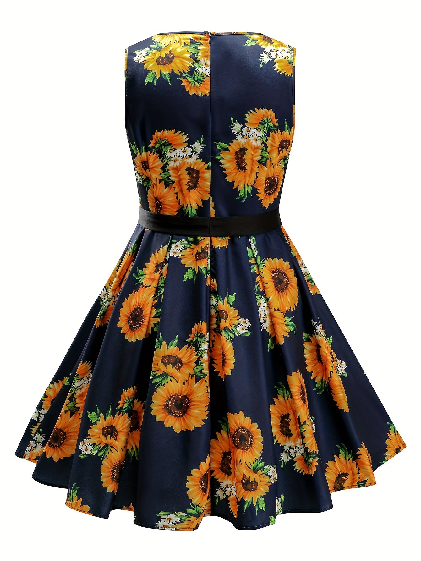 Women's Plus Sunflower Print Sweetheart Neck Cocktail Party Dress With Belt