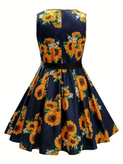 Women's Plus Sunflower Print Sweetheart Neck Cocktail Party Dress With Belt