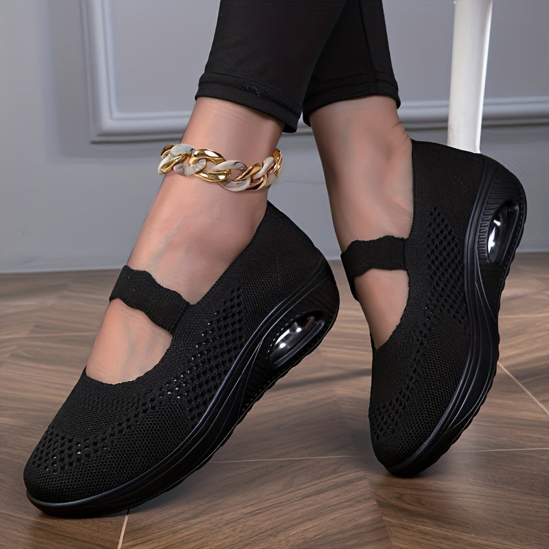 Solid Knit Walking Shoes Ankle Strap Slip On Air Cushion Casual Sneakers
