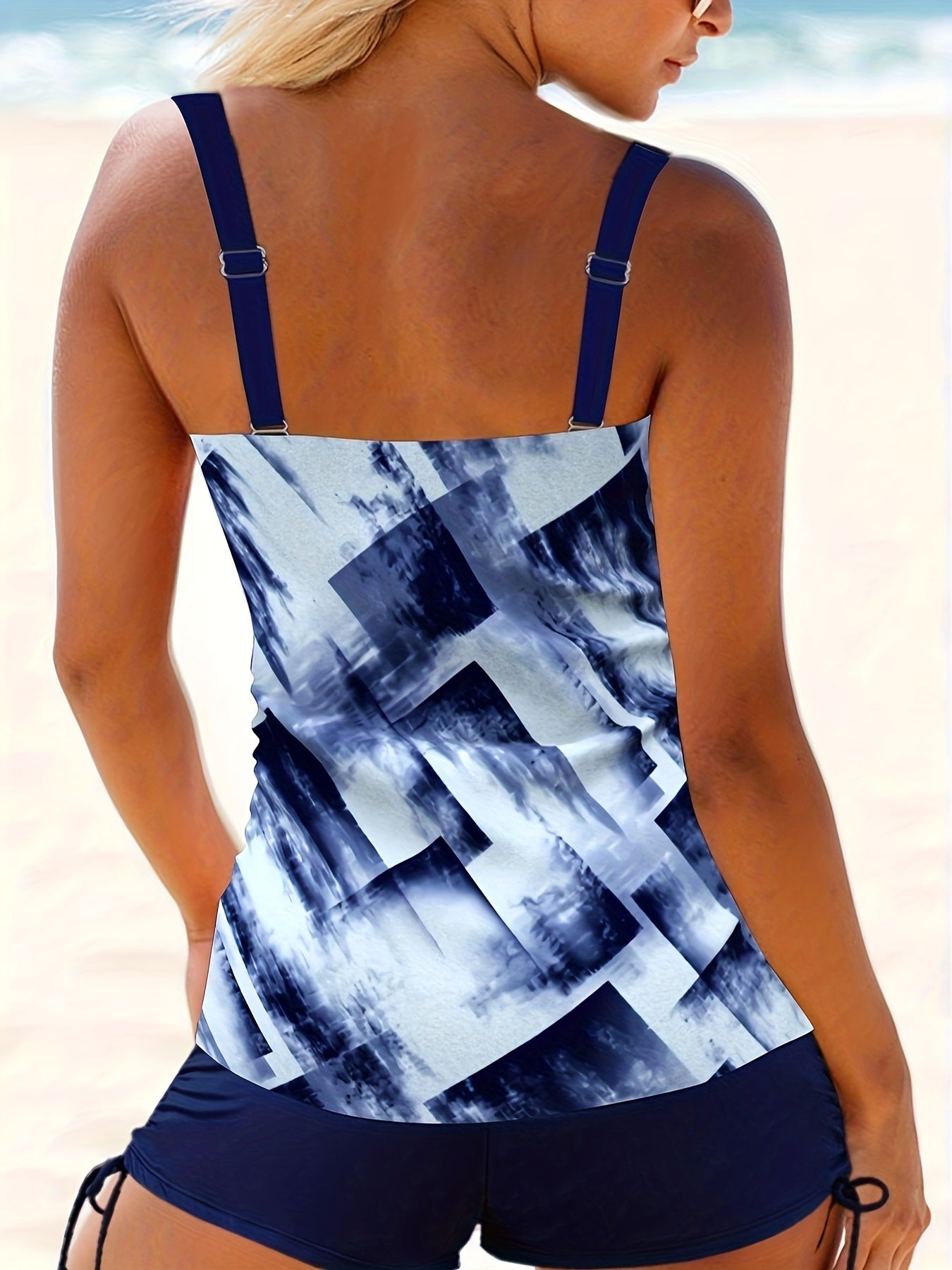 Modest Tankini Set Patchwork Square Neck Cami Top & Lace Up Side Short