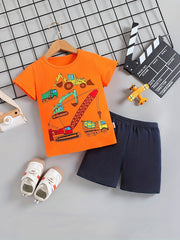 Boys Cartoon Construction Truck Casual Outfit T shirt & Shorts Summer Set
