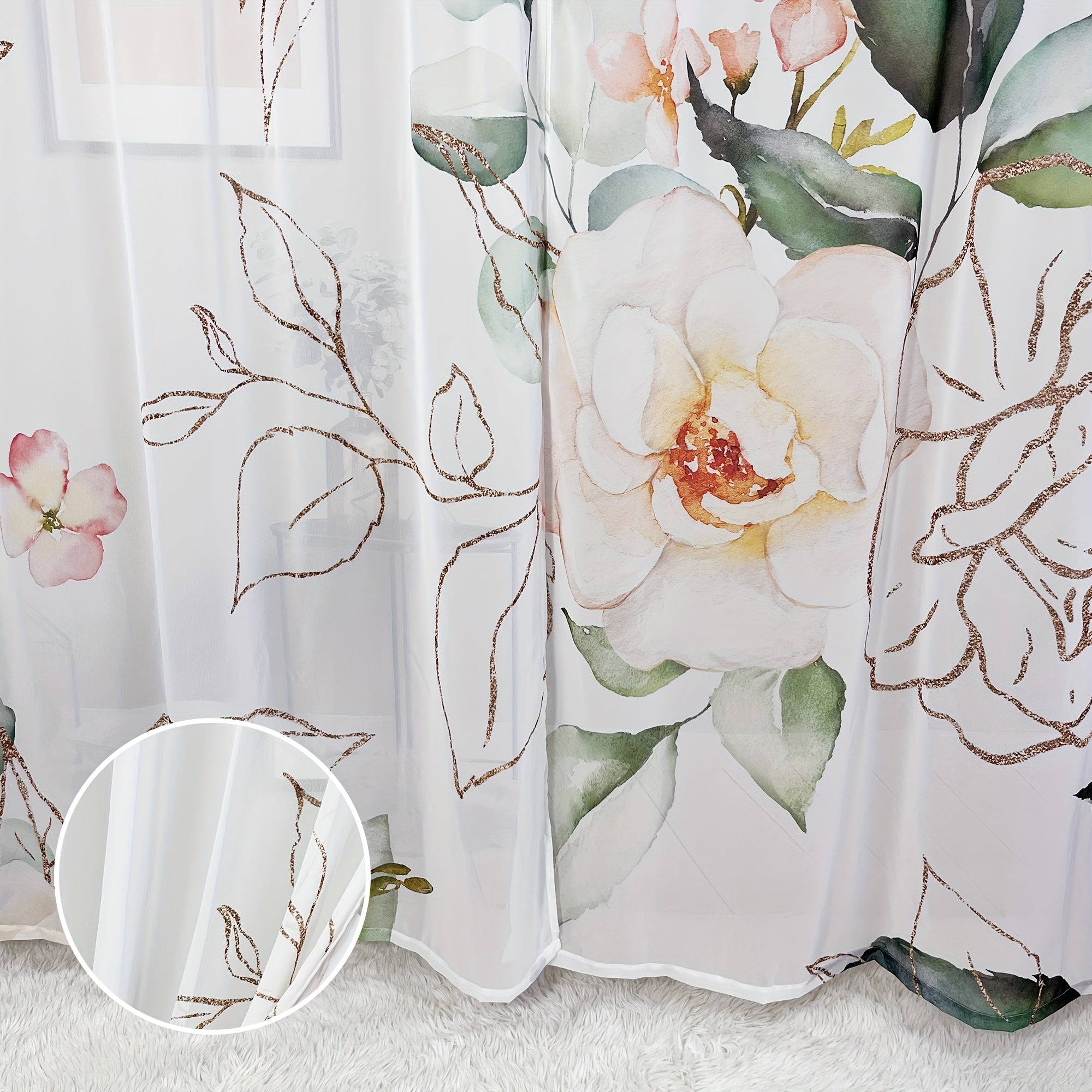 Rose Pattern Sheer Curtain Rod Pocket for Home Decor