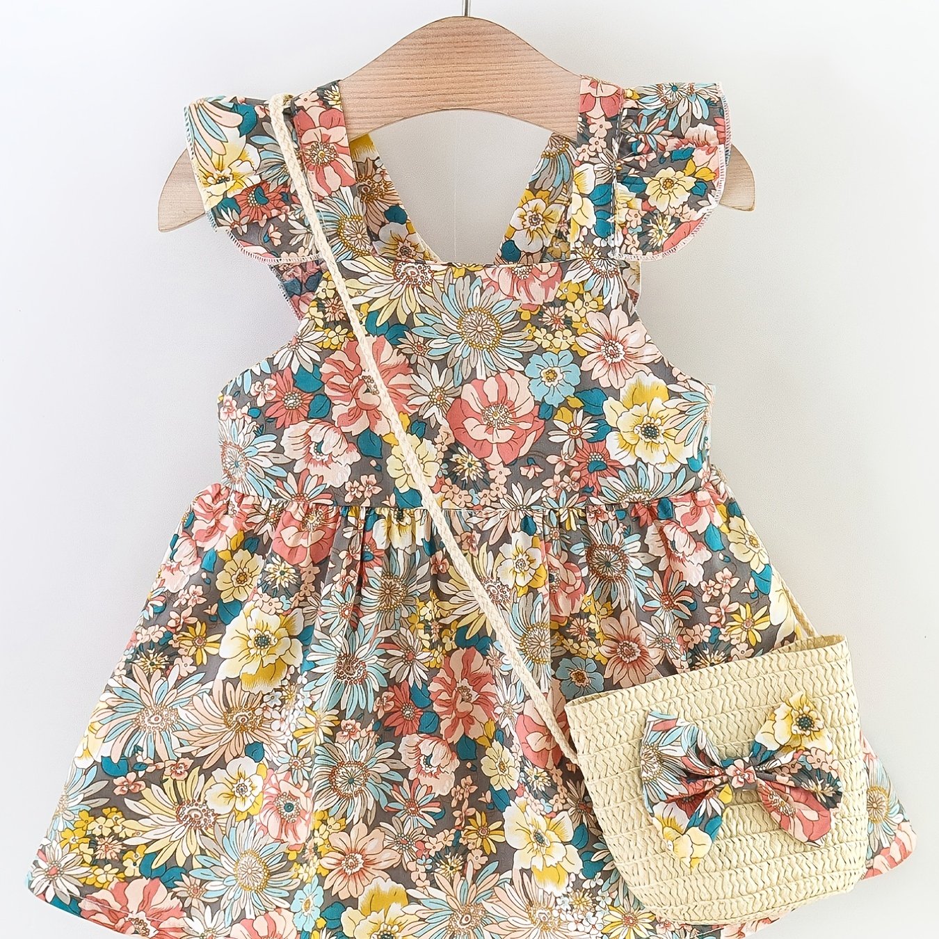 Baby Girls Ruffled Sleeves Flowers Princess Dress & Bow Bag Set